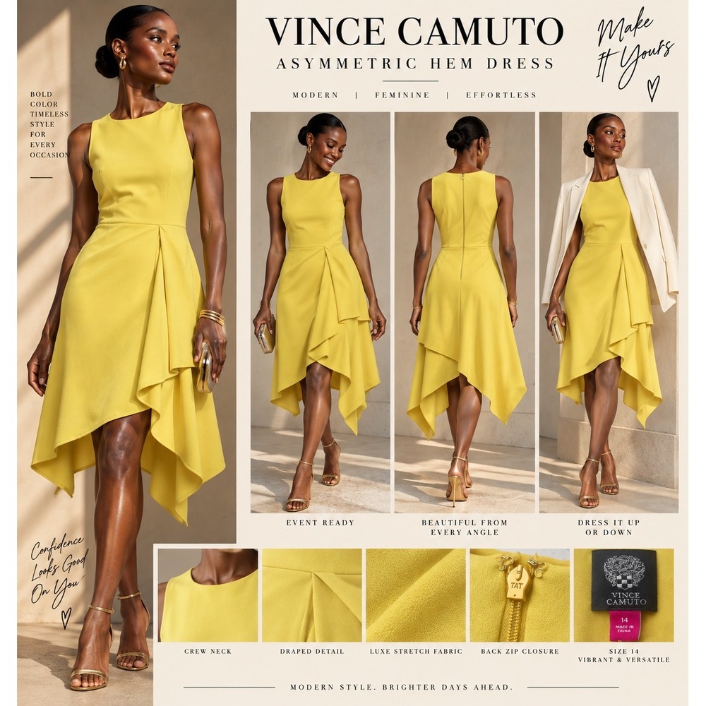 Vince Camuto Yellow Asymmetric Hem Draped Sleeveless Dress VC9M8588 Size 14